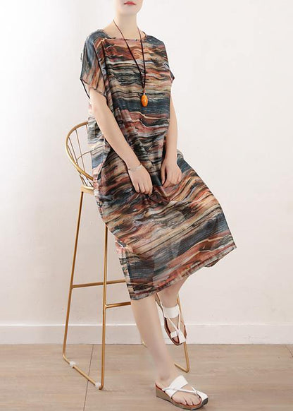 Summer Round Neck Chiffon Short Sleeve Printed Dress - SooLinen