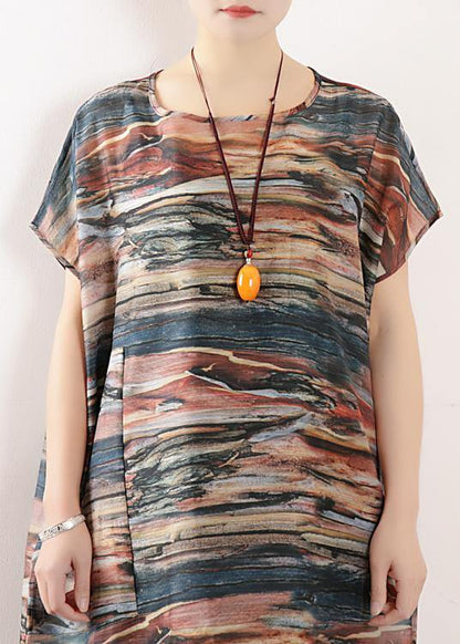 Summer Round Neck Chiffon Short Sleeve Printed Dress - SooLinen