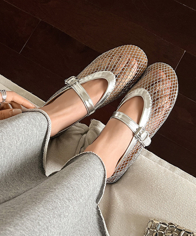 Summer Silver Buckle Strap Flat Sandals Breathable Hollow Out Design