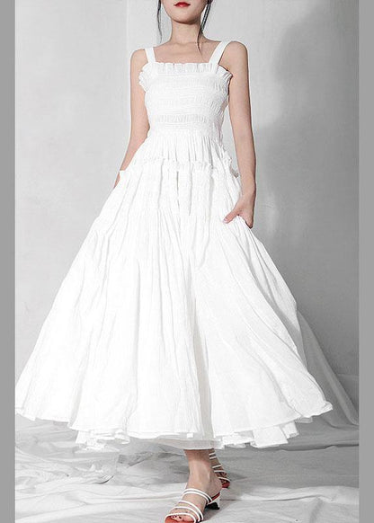 Summer Trendy White Cinched RuffledCotton Maxi Dresses - SooLinen