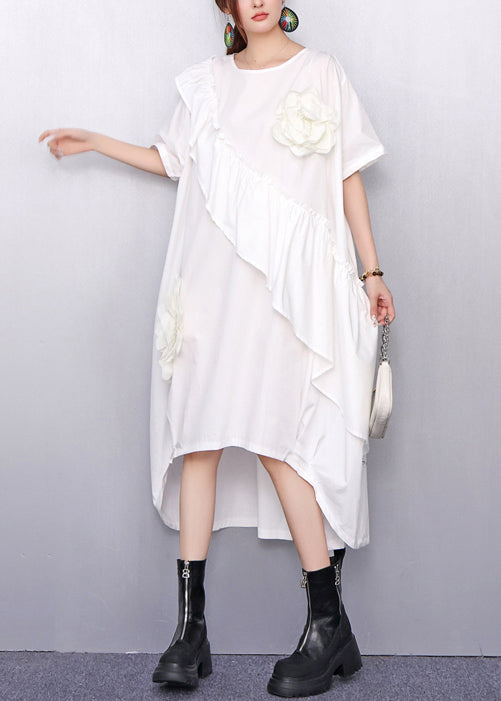 Summer White Asymmetrical Ruffle Dress 3D Floral Accents