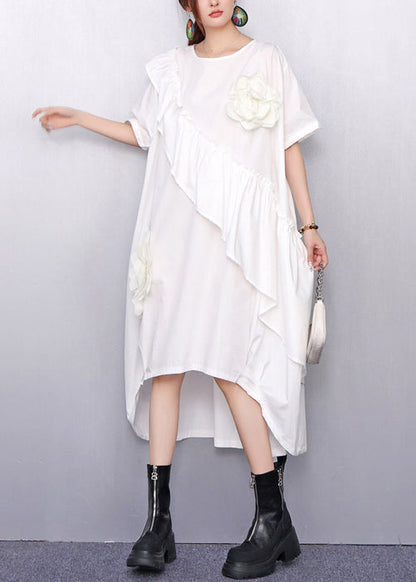 Summer White Asymmetrical Ruffle Dress 3D Floral Accents