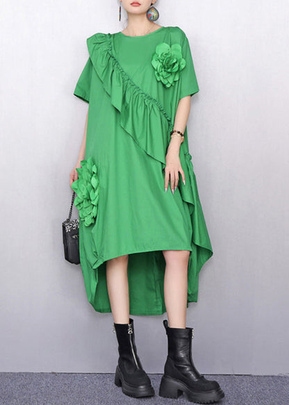 Summer White Asymmetrical Ruffle Dress 3D Floral Accents