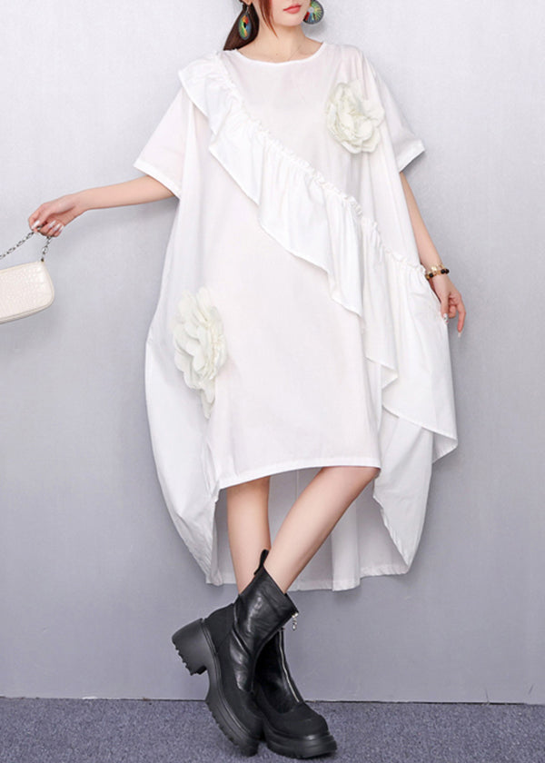 Summer White Asymmetrical Ruffle Dress 3D Floral Accents