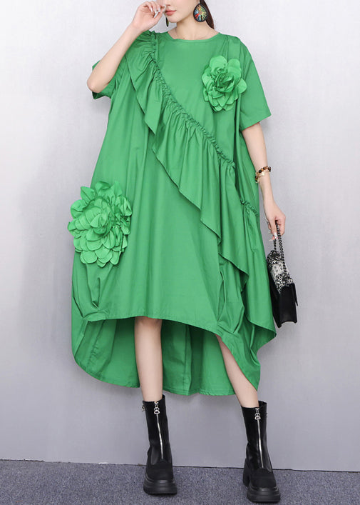 Summer White Asymmetrical Ruffle Dress 3D Floral Accents