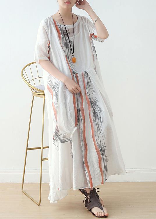 Summer Women White Chiffon Print O Neck Dress - SooLinen
