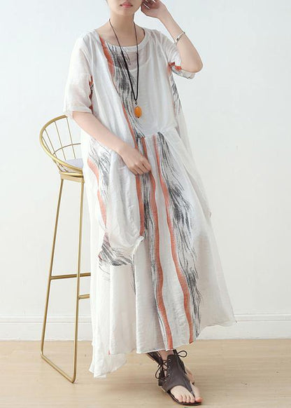 Summer Women White Chiffon Print O Neck Dress - SooLinen