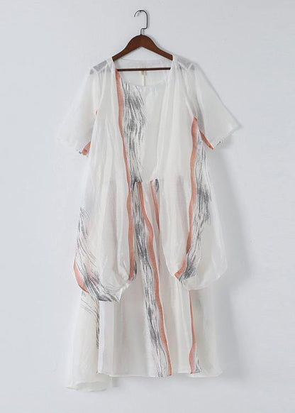 Summer Women White Chiffon Print O Neck Dress - SooLinen
