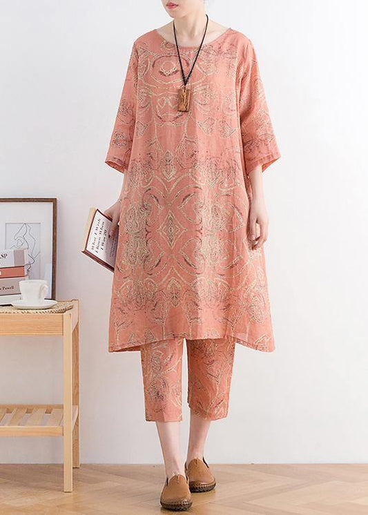 Summer wear new retro ramie fan abstract print dress harem pants casual suit two pieces - SooLinen