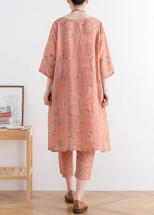 Summer wear new retro ramie fan abstract print dress harem pants casual suit two pieces - SooLinen