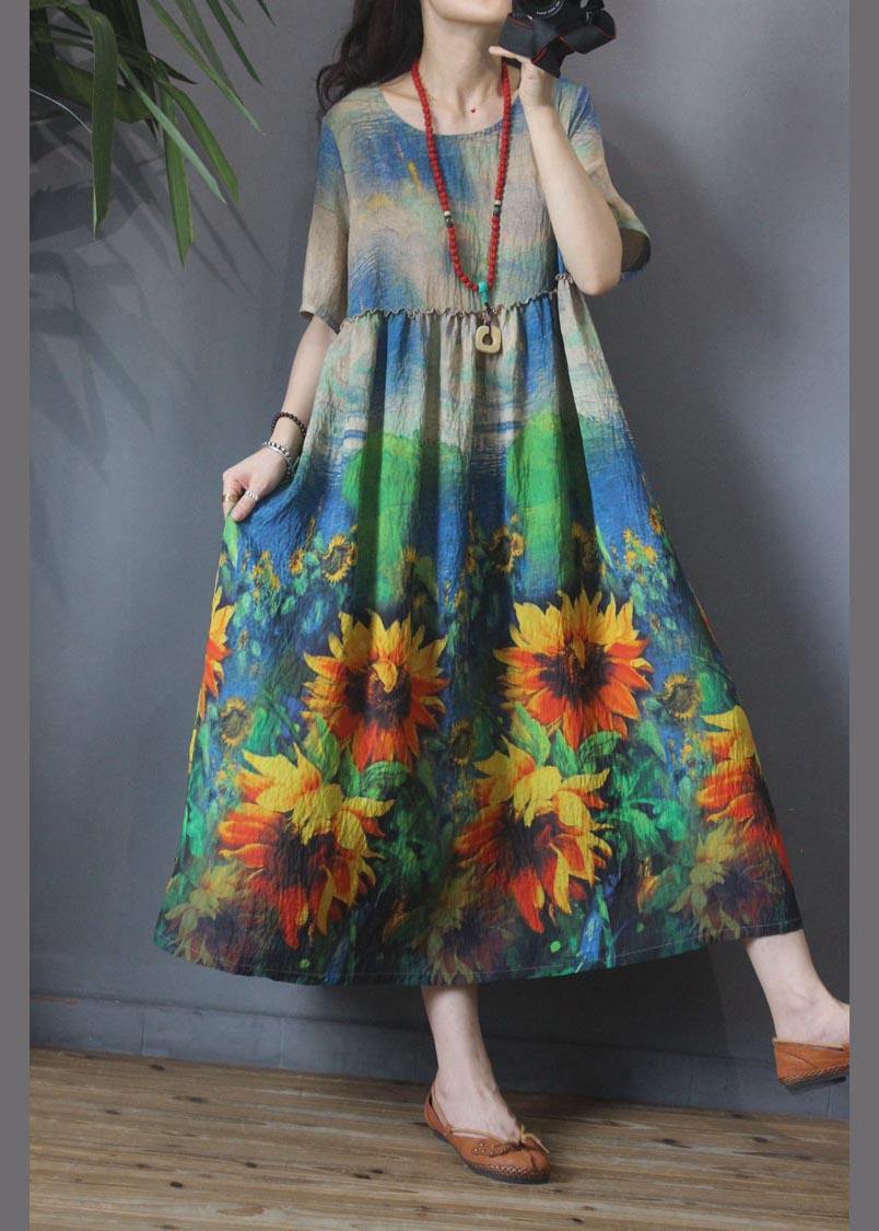 Sunflower Floral Mid Length Dress Summer - SooLinen