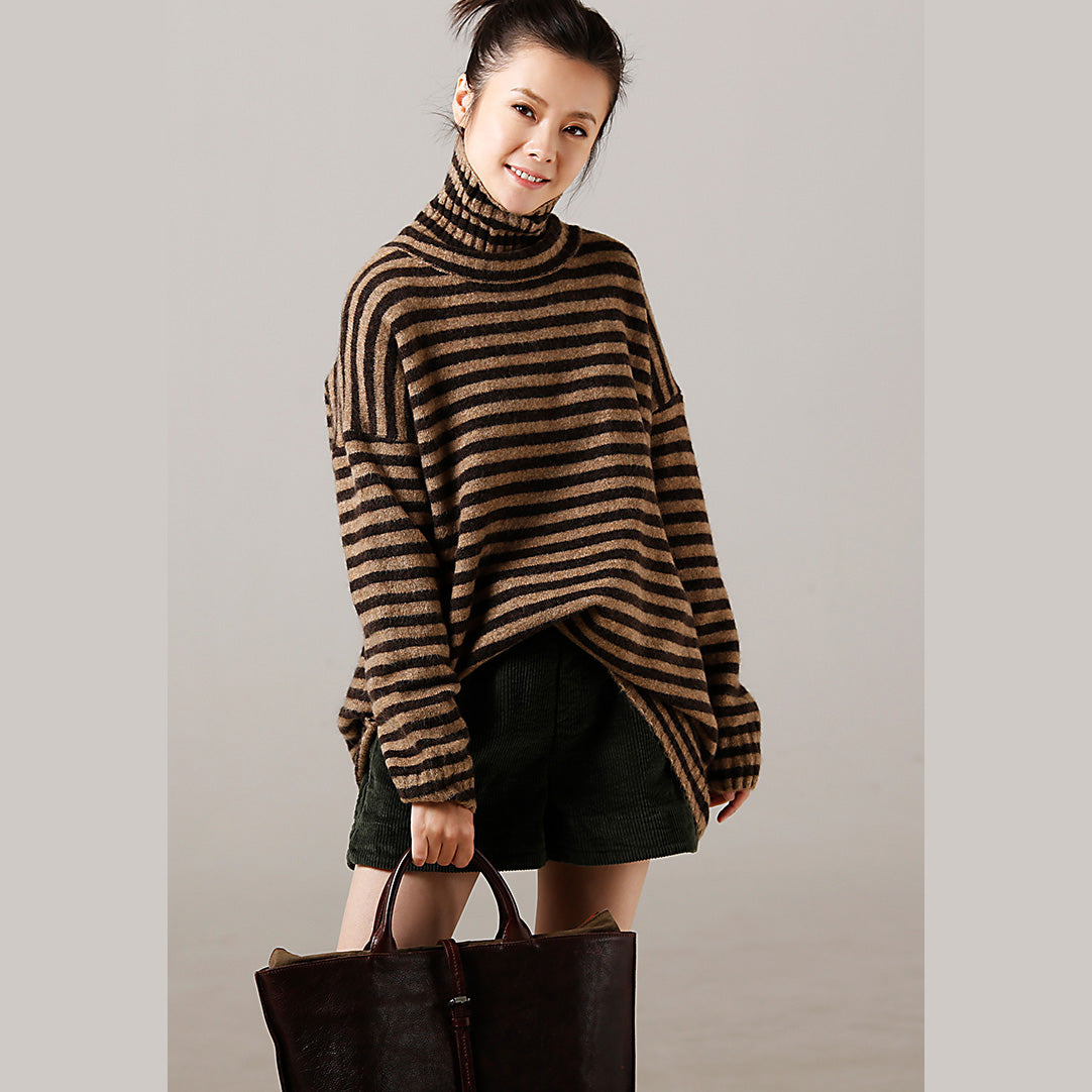 Sweater pullover Vintage high neck khaki thick  Art knitted tops striped