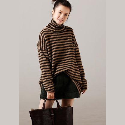 Sweater pullover Vintage high neck khaki thick  Art knitted tops striped