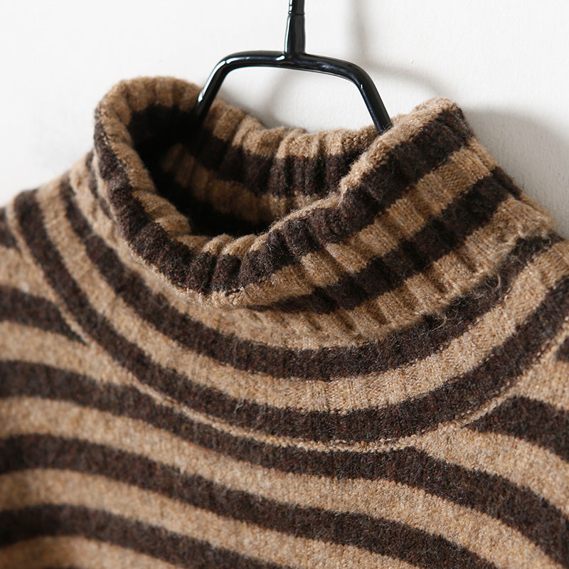 Sweater pullover Vintage high neck khaki thick  Art knitted tops striped