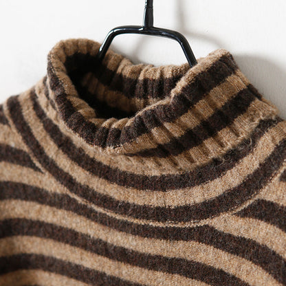 Sweater pullover Vintage high neck khaki thick  Art knitted tops striped