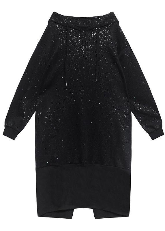 Sweater women's autumn winter loose hooded Plush shiny black dress - SooLinen