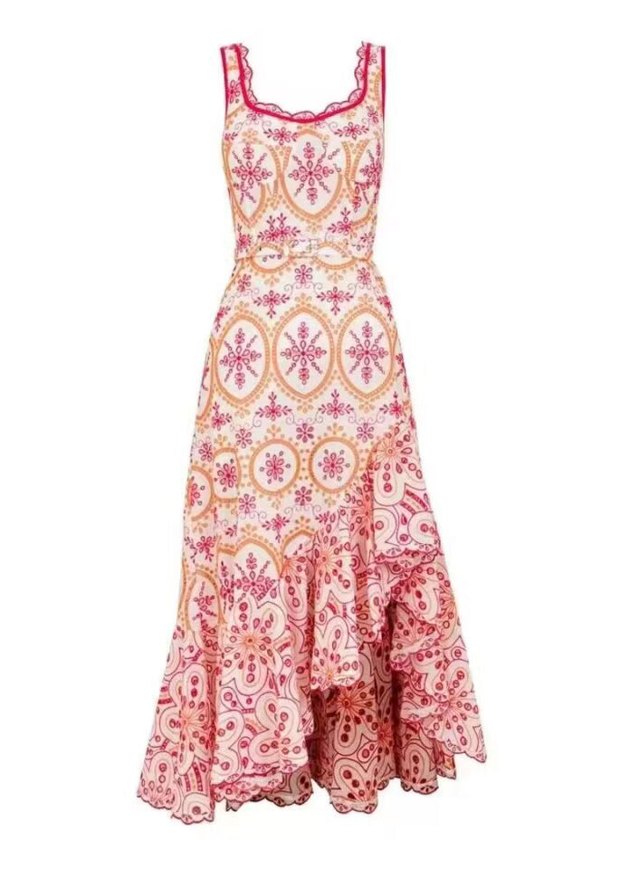 Sweet Flower Embroidered Asymmetrical Design Suspender Dress Summer