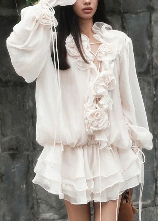 Sweet Flower Ruffled Lace Up Lantern Sleeve Dress