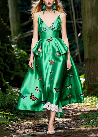 Tea Green Butterfly Silk Cami Dress Exra Large Hem Summer