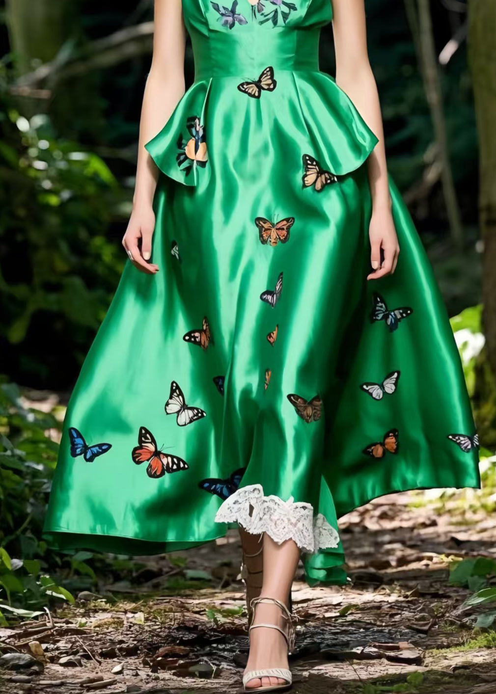 Tea Green Butterfly Silk Cami Dress Exra Large Hem Summer