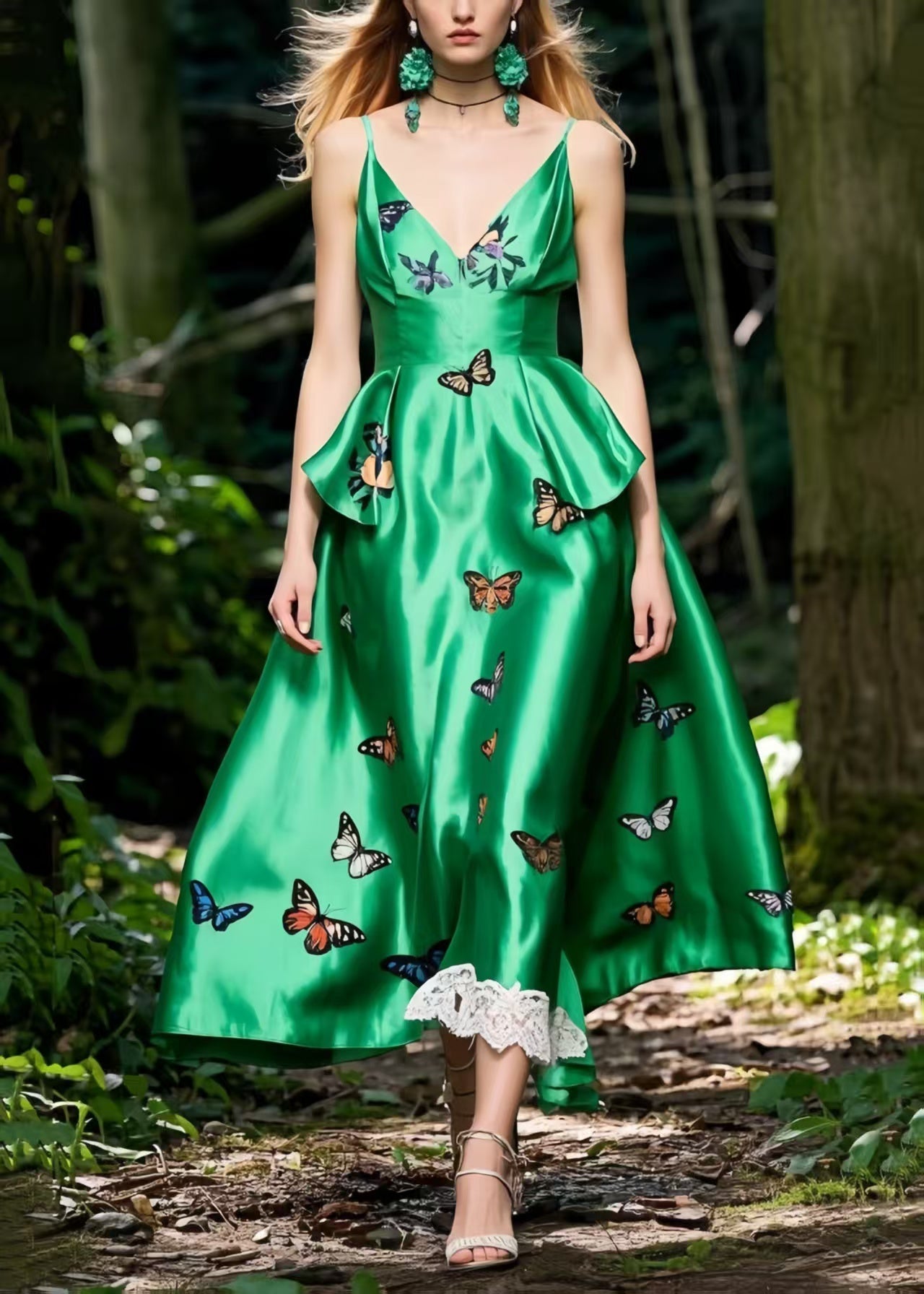 Tea Green Butterfly Silk Cami Dress Exra Large Hem Summer