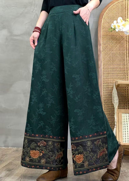 Tea Green Jacquard Cotton Straight Pants Embroidered Spring