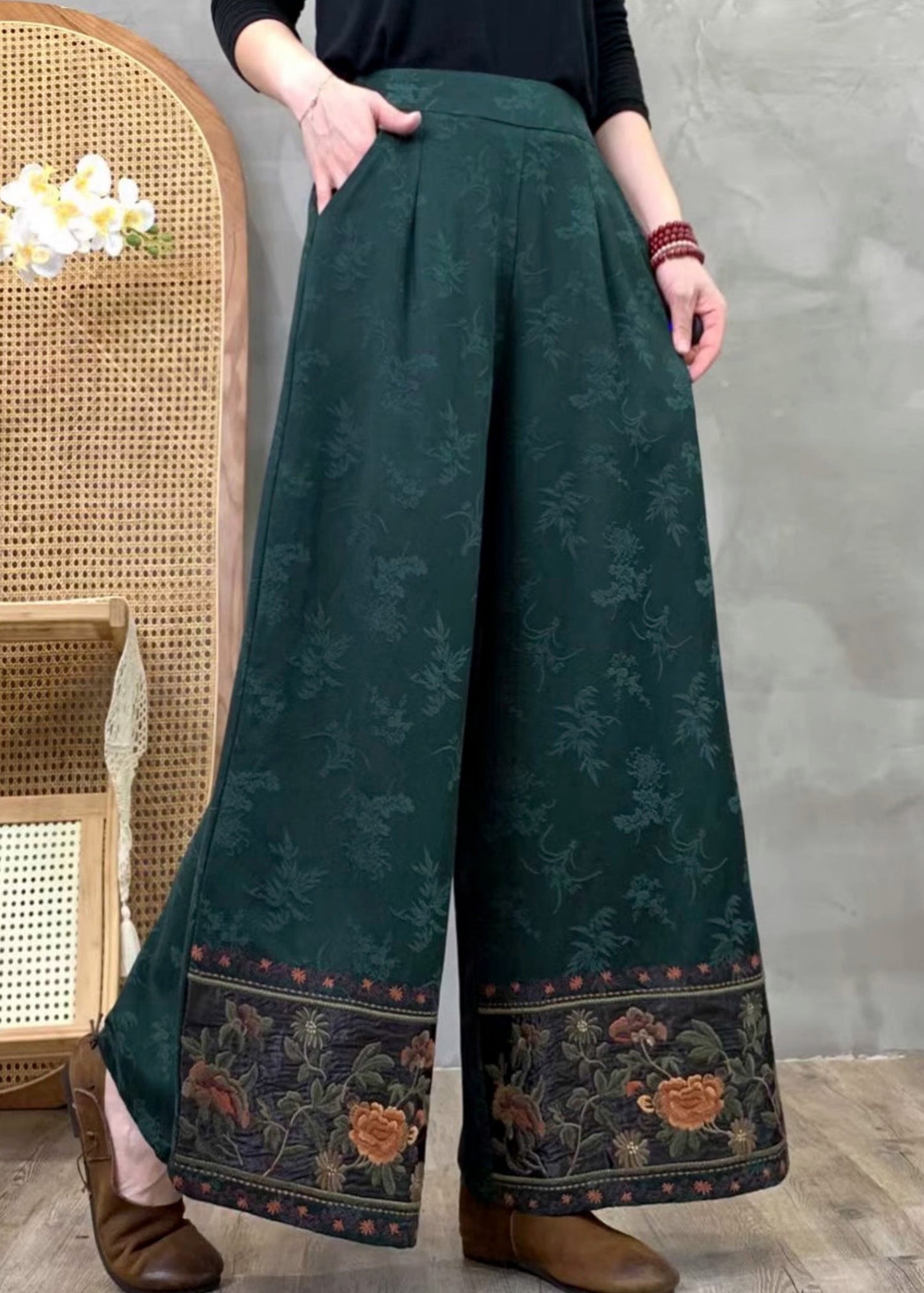 Tea Green Jacquard Cotton Straight Pants Embroidered Spring