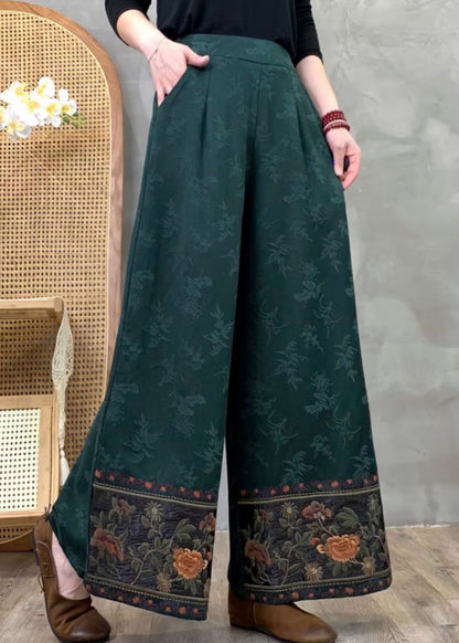 Tea Green Jacquard Cotton Straight Pants Embroidered Spring