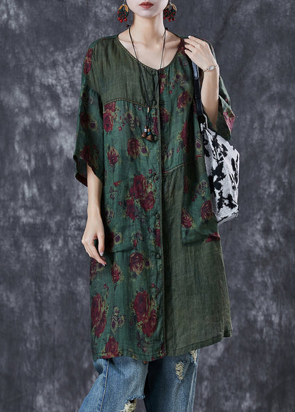 Tea Green Patchwork Linen Dress Print Pockets Summer