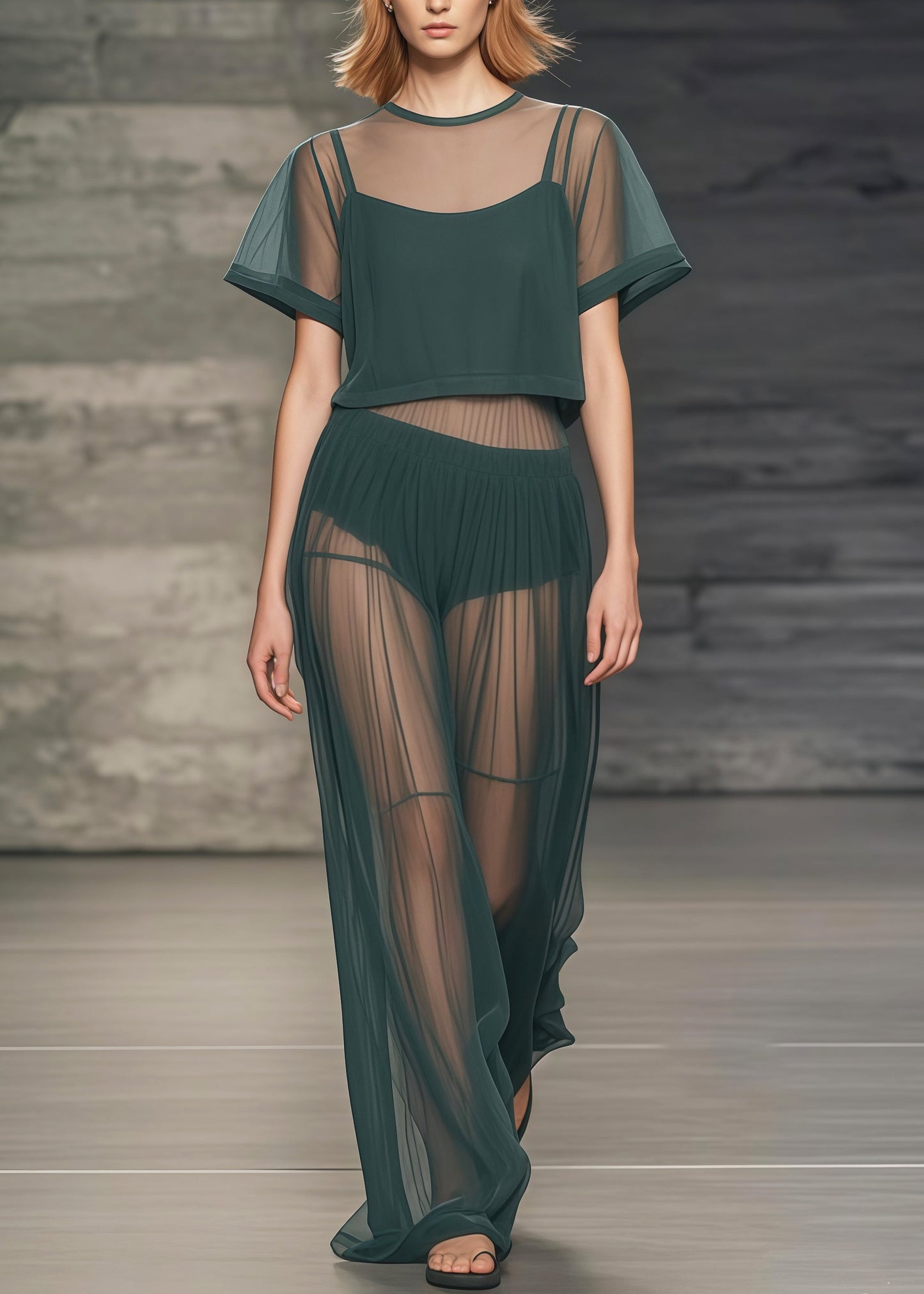 Tea Green Patchwork Tulle Sheer Two Piece Set Women Clothing Summer