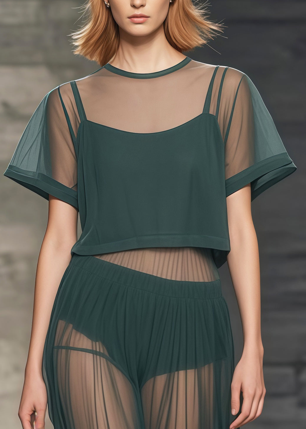 Tea Green Patchwork Tulle Sheer Two Piece Set Women Clothing Summer