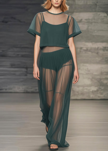 Tea Green Patchwork Tulle Sheer Two Piece Set Women Clothing Summer