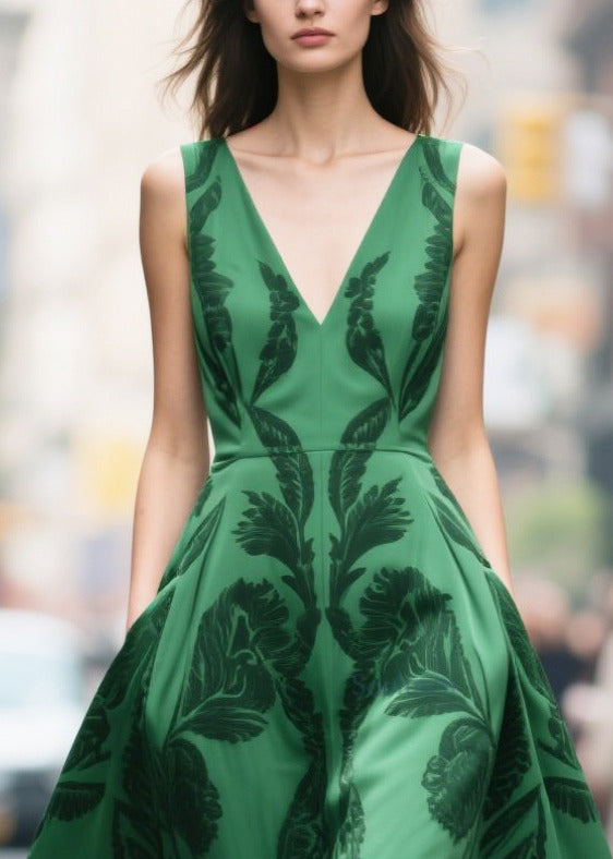 Tea Green Print Chiffon Vestidos Dresses Exra Large Hem Summer