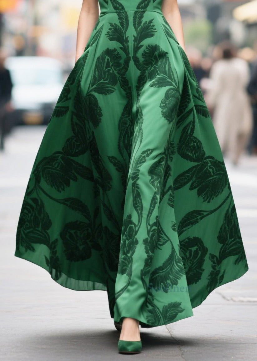 Tea Green Print Chiffon Vestidos Dresses Exra Large Hem Summer