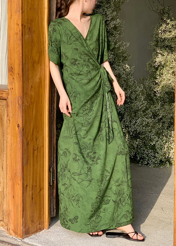 Tea Green Print Cotton Holiday Dress Tie Waist Summer