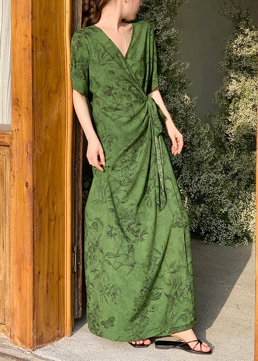 Tea Green Print Cotton Holiday Dress Tie Waist Summer