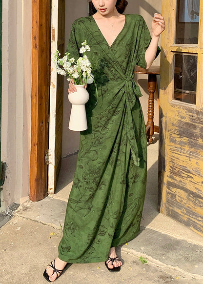 Tea Green Print Cotton Holiday Dress Tie Waist Summer