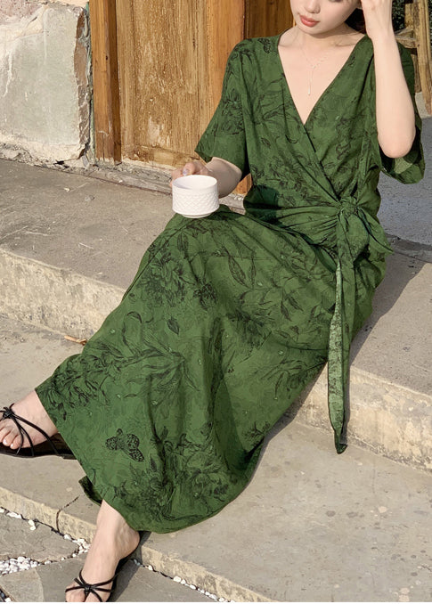 Tea Green Print Cotton Holiday Dress Tie Waist Summer