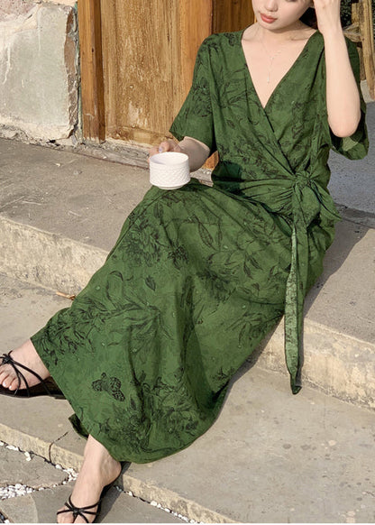 Tea Green Print Cotton Holiday Dress Tie Waist Summer