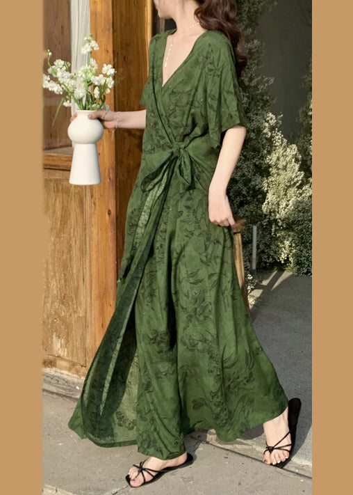 Tea Green Print Cotton Holiday Dress Tie Waist Summer