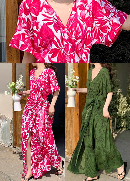 Tea Green Print Cotton Holiday Dress Tie Waist Summer