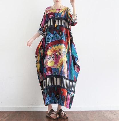 The secret world print linen dresses oversize caftans 2025 fall cotton gown