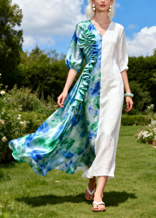 Tie Dye Patchwork Silk Vacation Dresses Ruffled Asymmetrical Design Summer