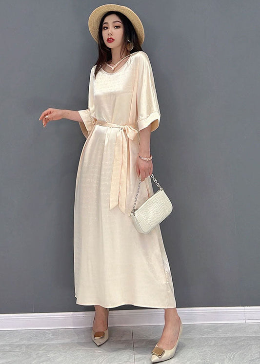 2025 Beige O-Neck Oversized Tie Waist Silk Long Dress Half Sleeve