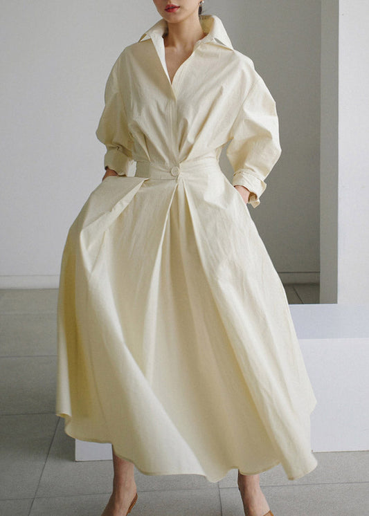 2025 Beige-red flower Peter Pan Collar Pockets Cotton Dress Long Sleeve