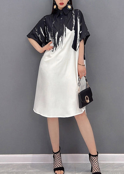 2025 Black Peter Pan Collar Print Button Silk Dress Short Sleeve