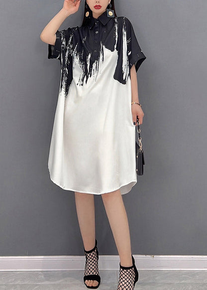 2025 Black Peter Pan Collar Print Button Silk Dress Short Sleeve