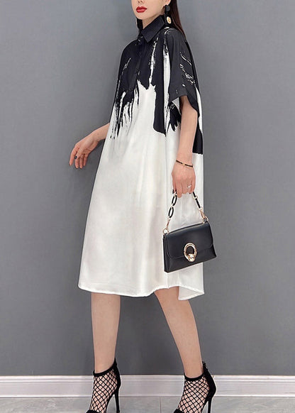 2025 Black Peter Pan Collar Print Button Silk Dress Short Sleeve