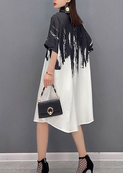 2025 Black Peter Pan Collar Print Button Silk Dress Short Sleeve