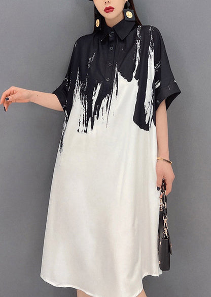 2025 Black Peter Pan Collar Print Button Silk Dress Short Sleeve